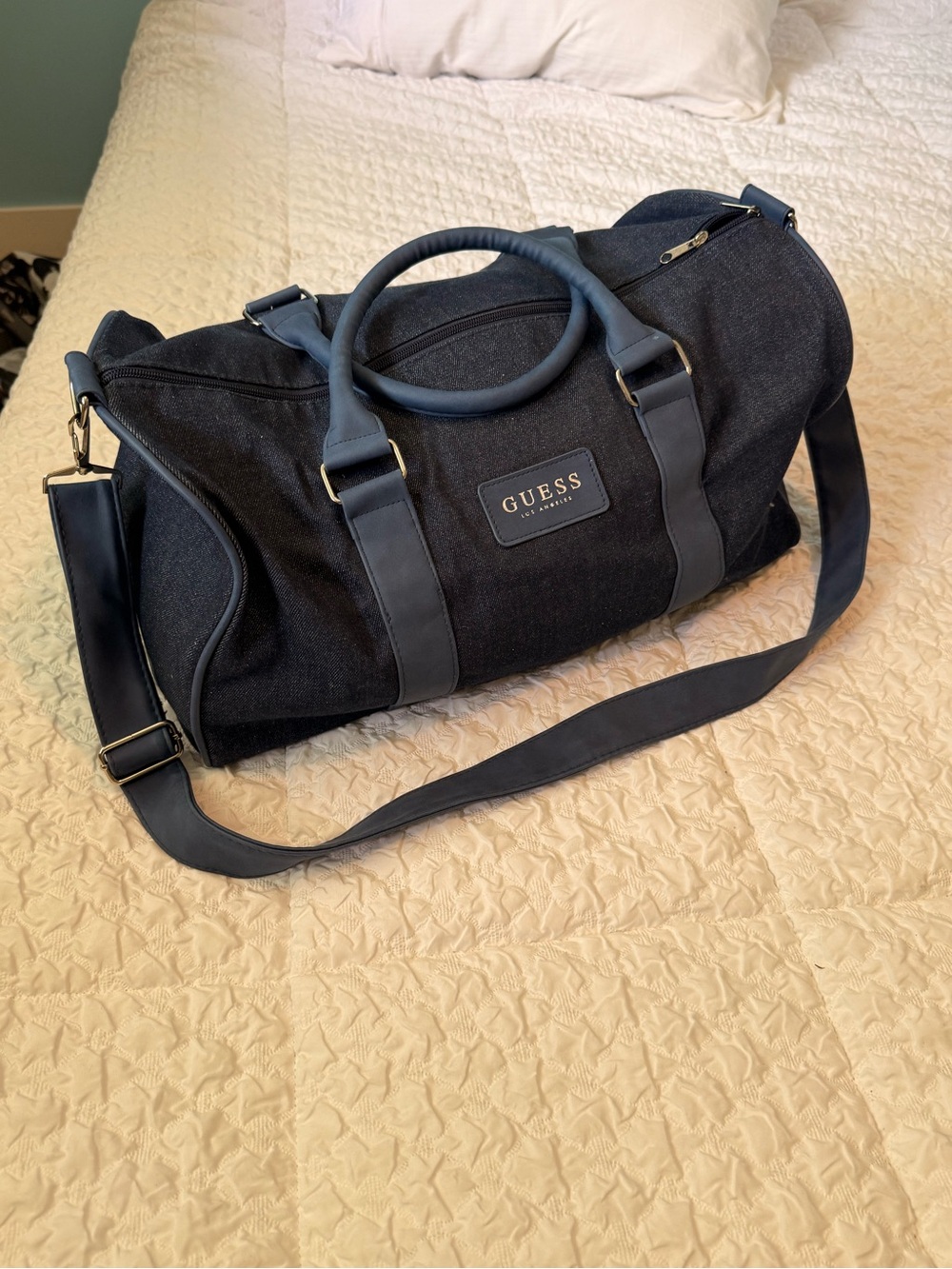 GUESS Dark Navy Canvas Duffel Bag with Adjustable Strap